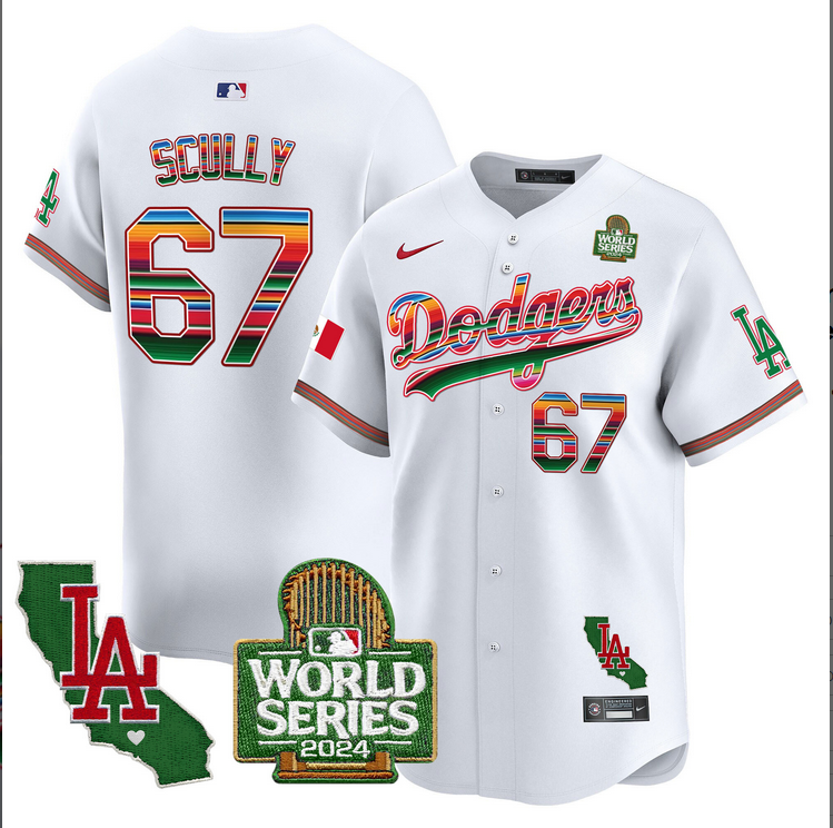 Men MLB Mexico Los Angeles Dodgers 67 Scully white 2024 World Series Champions Patch Jersey 2024110 style 3